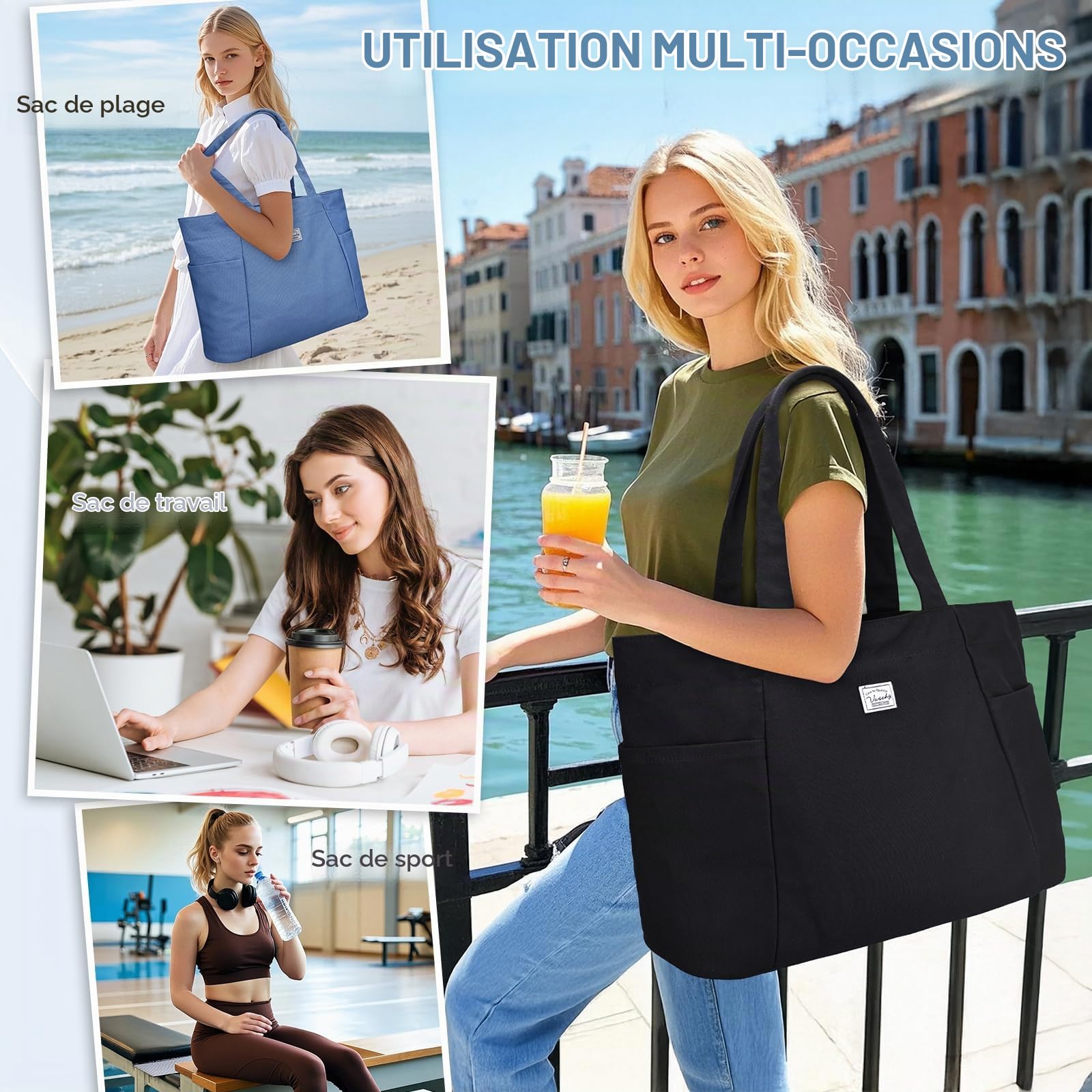 VASCHY Grand Tote Bag, Cabas Femme en Toile Léger Sac Fourre-Tout avec Fermeture Eclair Sac à Main en Tissu Réutilisable pour fille pour École Université Shopping Travail Voyage