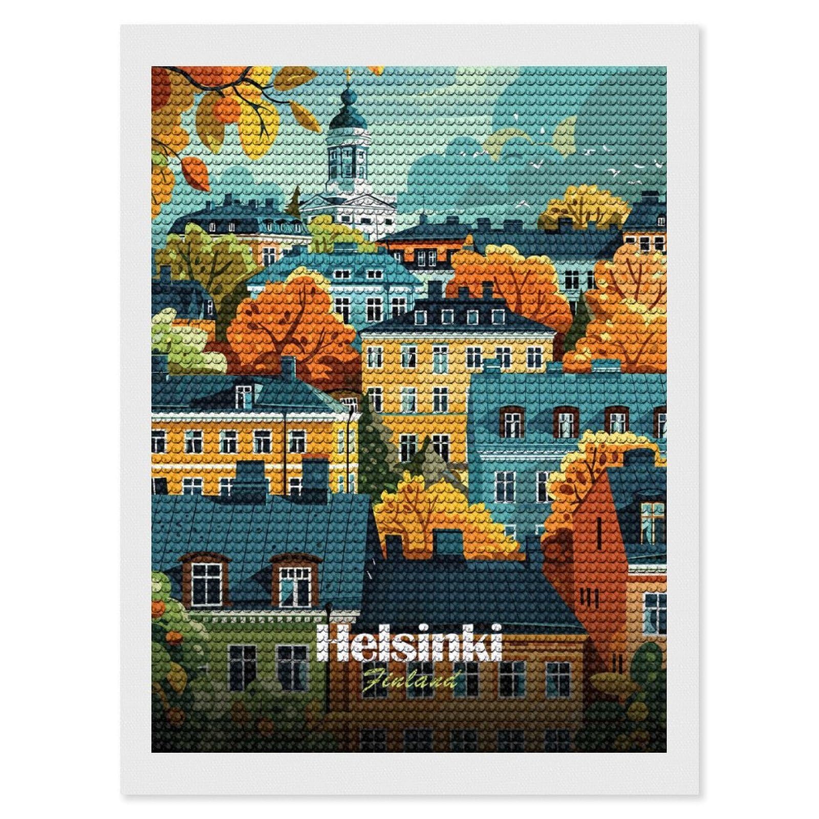 Junmoney Helsinki Finland Cityscape Full Drill Diamond Painting Kit 12"x16", Adhesive Canvas, Aesthetic Room Decor, for Family Craft Time, Birthday Gift