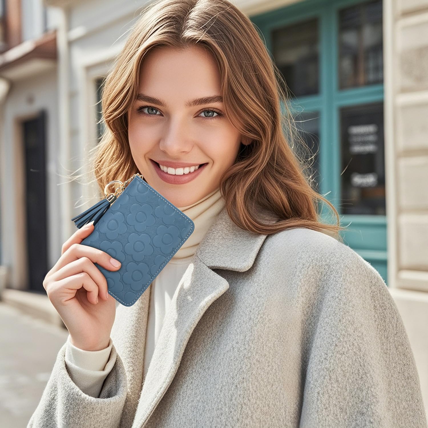RFID Blocking Wallet Women Cute Embossed Floral Leather Credit Card Holder Wallet for Women with Tassel Accordion Purse Bifold Ladies Small Womens Wallets with Zipper Coin Pocket Peacock- Blue - Image 6