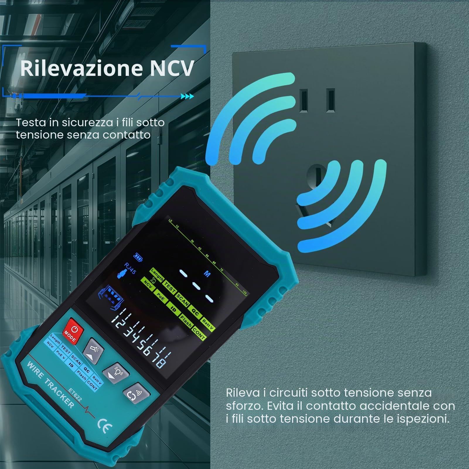 Tester per cavi di rete con rilevazione di tensione POE, tracker, lunghezza RJ45 (400 m), test di passaggio, indicatore di porta lampeggiante, kit di test LAN per manutenzione Ethernet/Internet