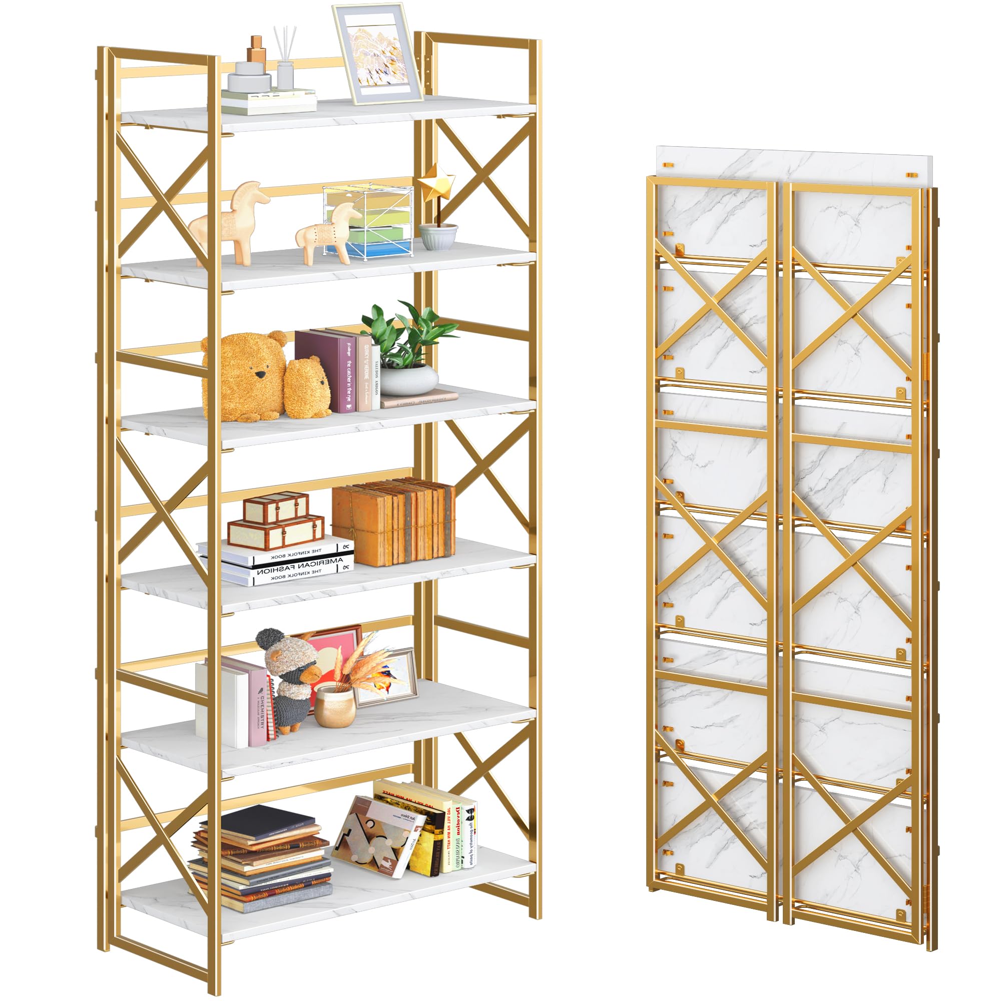 4NM 6 Tiers No Assembly Book Shelves, 61.8" H Folding Bookshelf Bookcase Open Industrial Foldable Shelves for Bedroom, Living Room, Home Office -