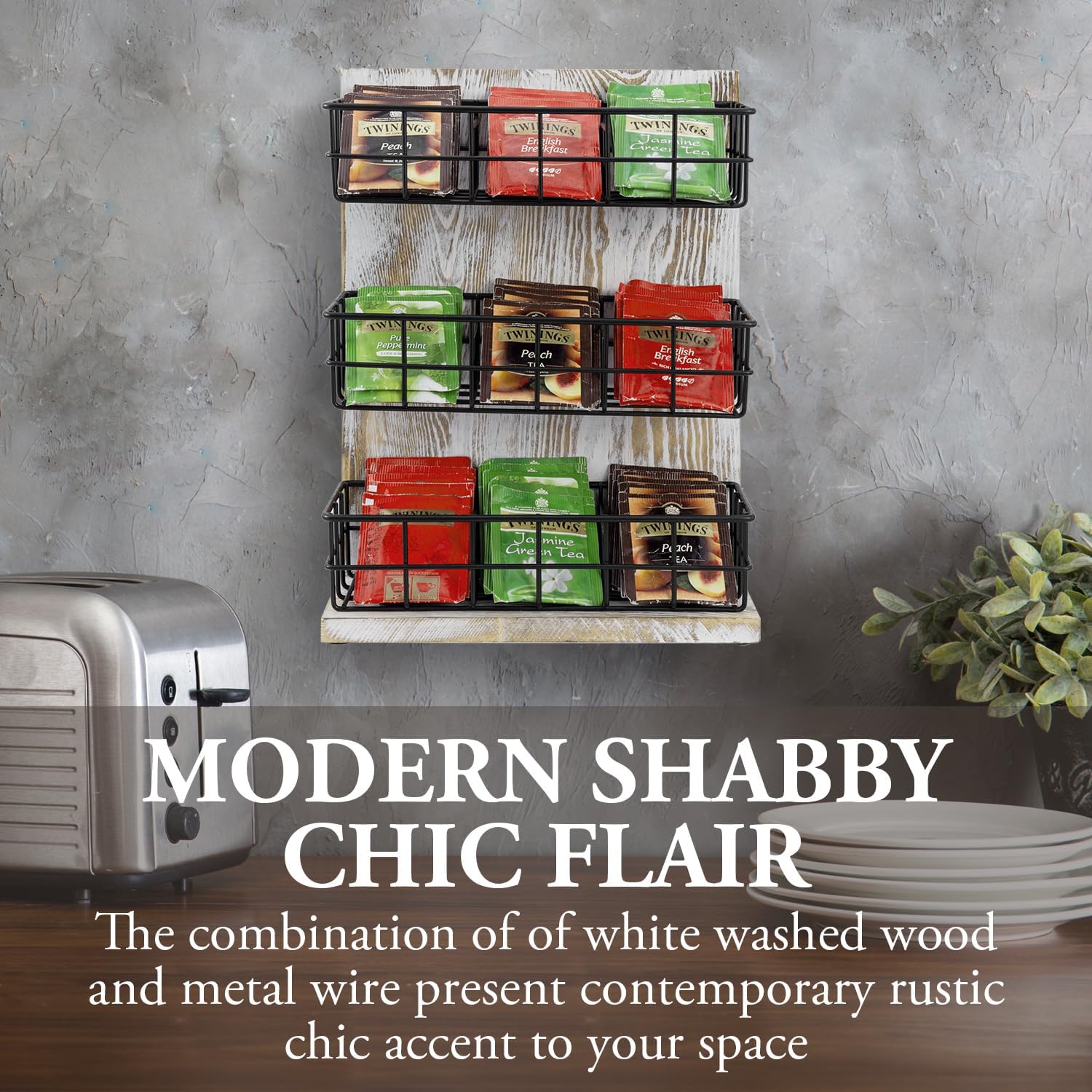 MyGift Tea Bag Organizer Wall Mounted with 9 Compartment, Countertop Tea Bag Holder Storage Stand, White Washed Solid Wood Coffee Bar Shelf with 3 Tier Black Metal Wire