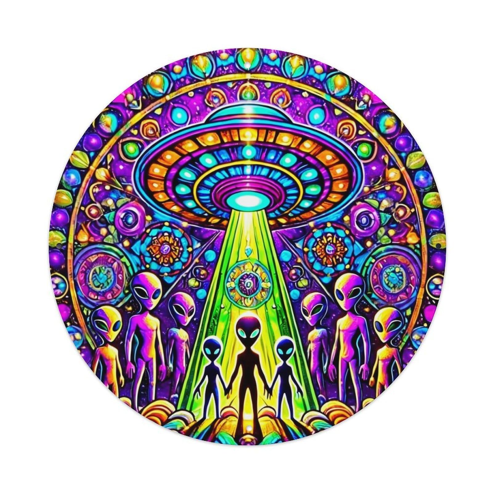 Alien Ufo Rainbow Pattern Art Round Metal Tin Sign Vintage Wall Decor, Bar Garage Cafe Kitchen Home Wall Art Poster 8x8inches