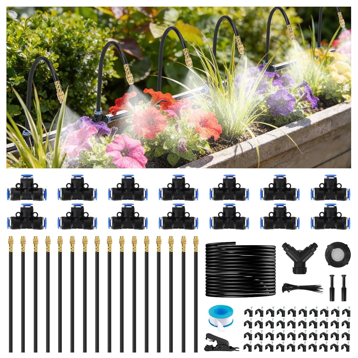 360° Adjustable Irrigation System Kit – 119-Piece Garden Watering System with 100FT/30M Tubing, 16 Brass Nozzles, Quick-Connect & Cutter for Lawns, Flower Beds, Patios, Greenhouses