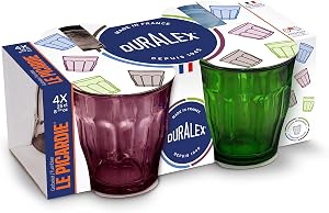 Duralex Le Picardie Collection| Water Glass, Juice and Soda and Cocktail 25 cl, 4 Colours Green Blue Purple Grey| Set of 4, Heavy Duty Glass, Dishwasher Safe, Made in France