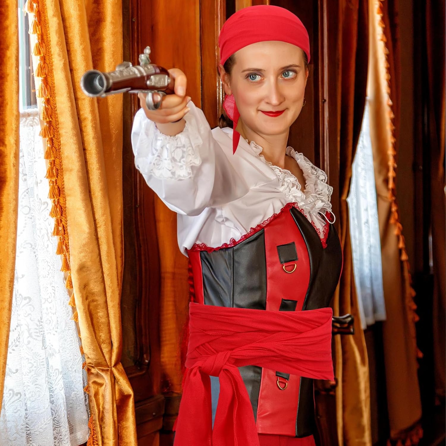 Pirate Accessories Halloween Costume Set 4Pcs Pirate Hat Bandana Halloween Head Scarf Sash Belt Renaissance for Women Men - Image 7