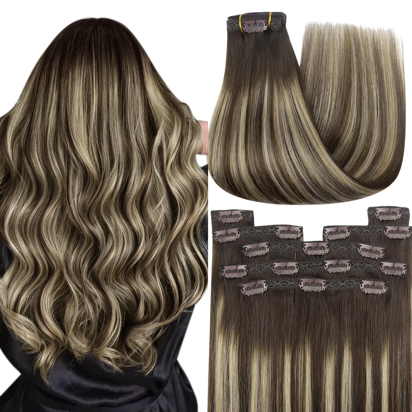 YoungSee Clip in Hair Extensions Real Human Hair Brown 14inch 120g Human Hair Extensions Clip in Chocolate Brown with Ash Blonde Balayage Invisible Clip in Extensions for Wedding 7pcs Full Head