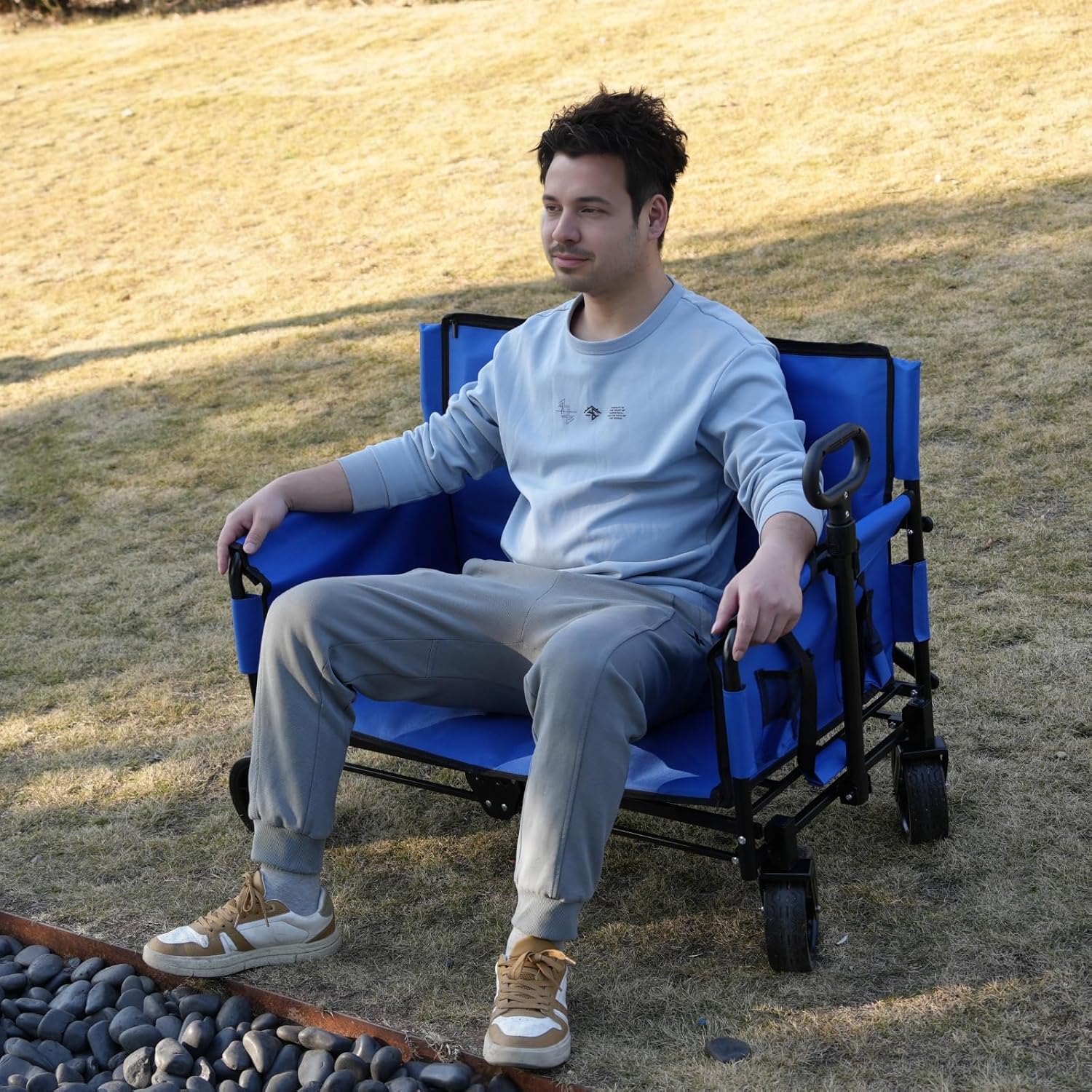 Beach Wagon Chair with Big Wheels for Sand, Foldable Cart That Converts into a 2-Person Sofa for Adults, 2-in-1 Wagon Bench Love Seat Combo (Blue, 7'' All-Terrain Wheel)