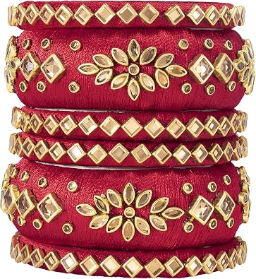 Aheli Matching Floral Kundan Silk Thread Chuda Chura Bangle Set Indian Traditional Bridal Fashion Jewelry Gift for Women