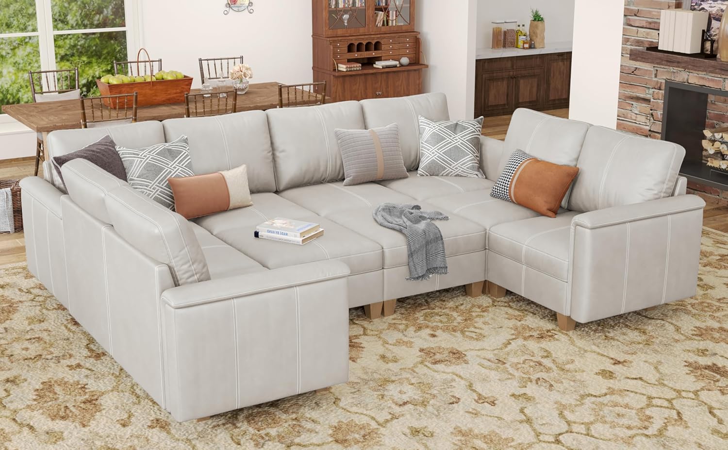 SITJOY Faux Leather Modular Sectional Sofa with Storage, Mid Century Modern Sectional Couches for Living Room, Soft Padded Armrests, 145" Wide 8 Seater U-Shaped Couch with Chaise, Greige