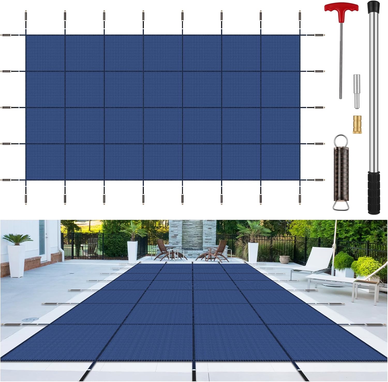 Inground Pool Cover Safety Fits Rectangle Swimming Pool, Mesh Solid Pool Cover for Inground Pools,Winter Pool Safety Cover Includes Safety Net and Installation Tools Blue (Blue, Fits 18x36ft Pools)