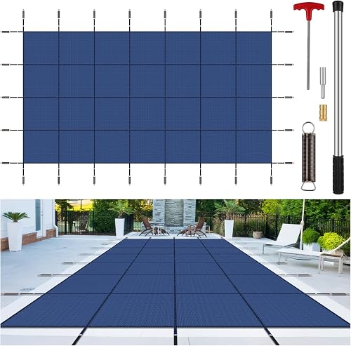 Inground Pool Cover Safety Fits Rectangle Swimming Pool, Mesh Solid Pool Cover for Inground Pools,Winter Pool Safety Cover Includes Safety Net and Installation Tools Blue (Blue, Fits 18x36ft Pools)