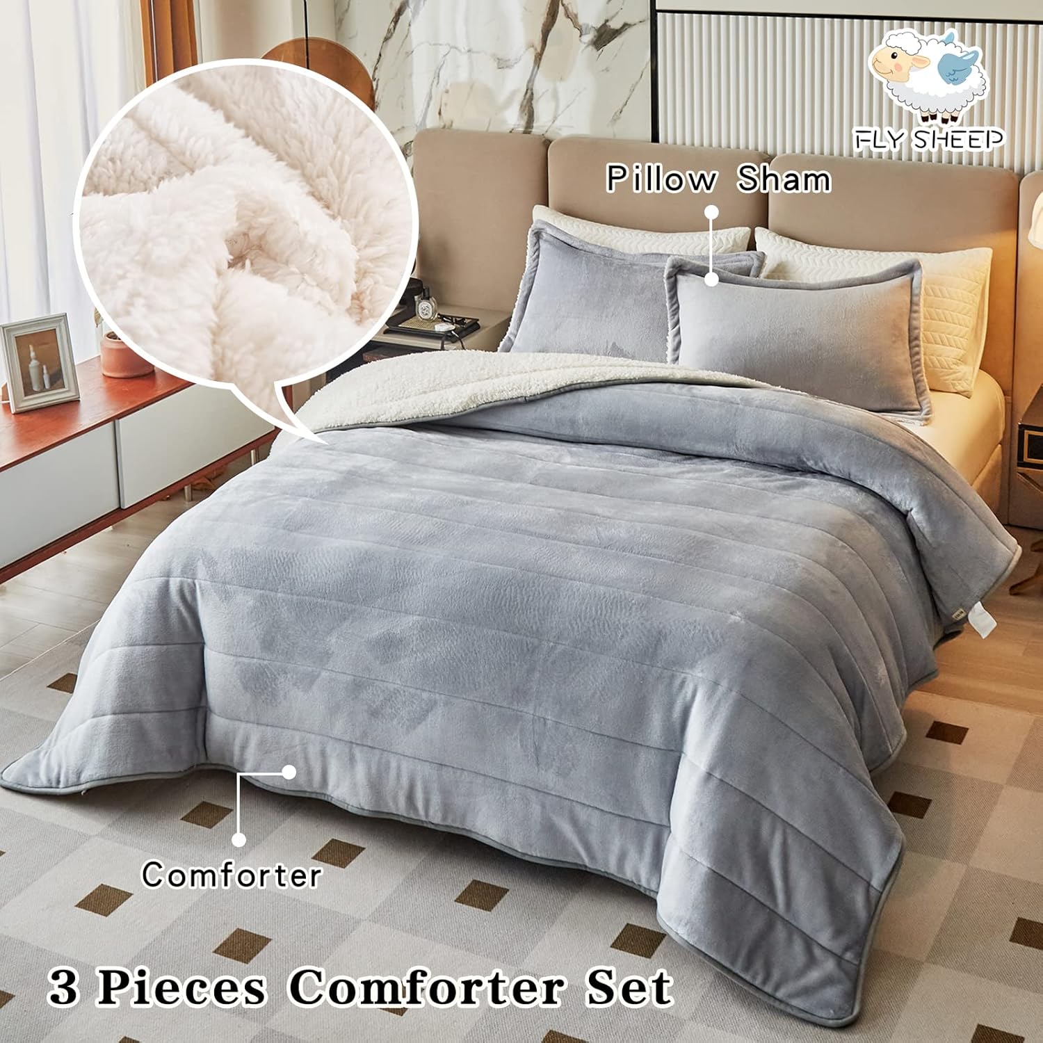 3-Layer Luxury Flannel Fleece Thick Bed Blanket Full Queen Size, Soft Plush Velvet Sherpa Blanket with 2 Pillow Shams Heavy Warm for Winter, Breathable n Washable, Gray - Image 2