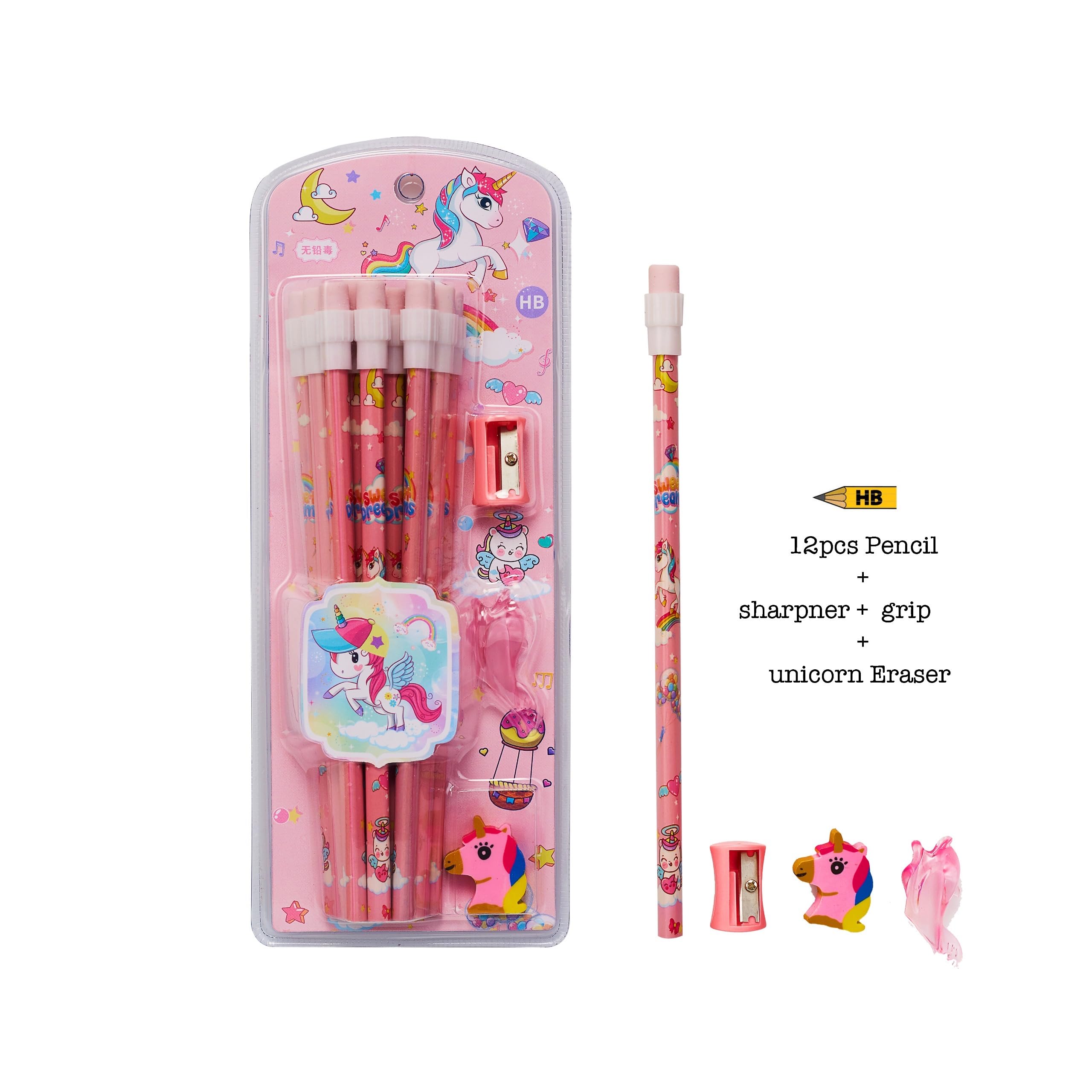 CherryBox Unicorn Pencils Stationary Kit - 24 Pencils Set with 2 Topper 2 Unicorn Erasers and 2 Sharpner for Kids, Boys and Girls, Birthday Return Gift Stationary Sets of 2 1
