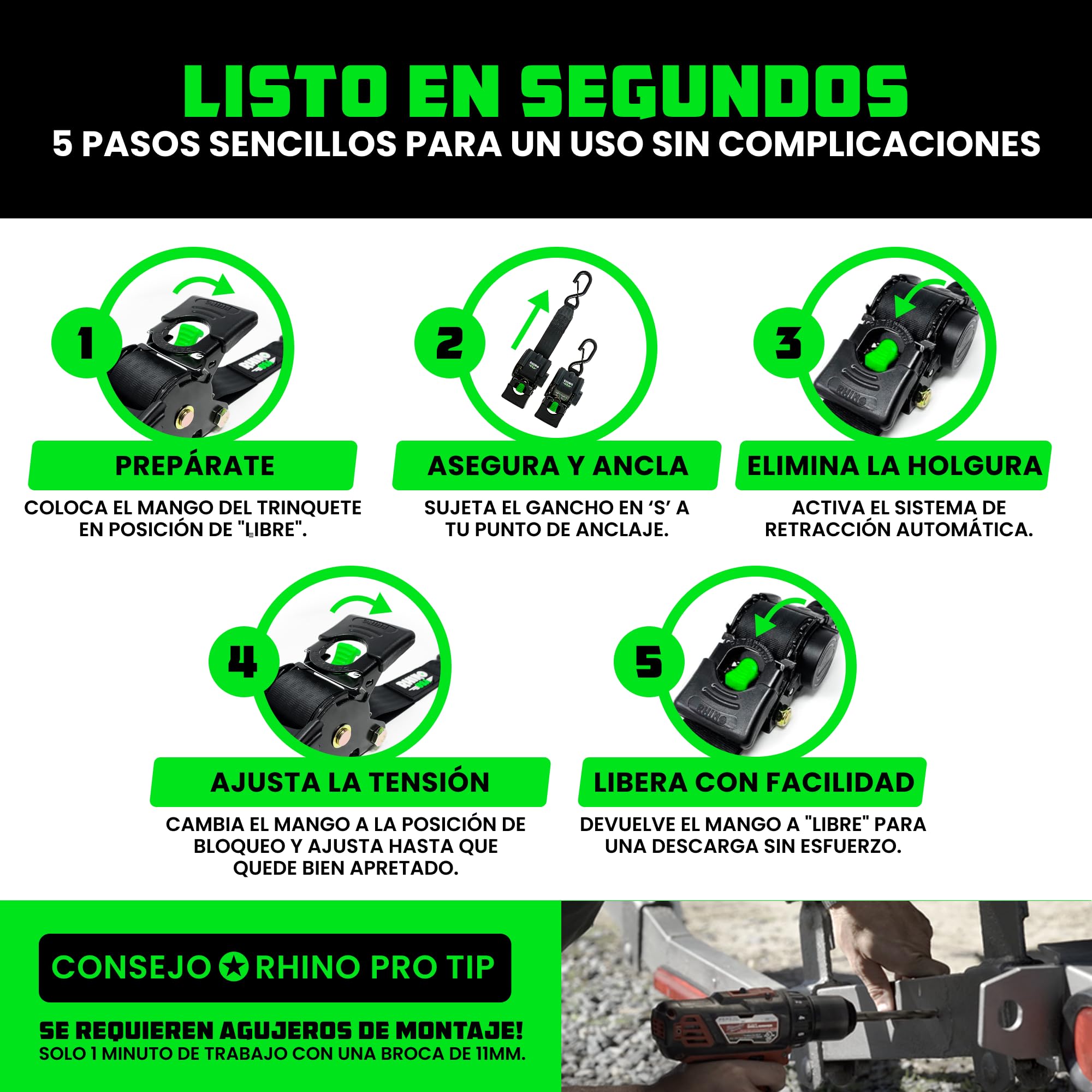 Rhino USA Correas Retráctiles para Remolque de Barco (Paquete de 2) - Correas de Amarre para de 5cm x 1,1m, 1300kg para Remolque, Barco, Jet Ski y más! Acero con Recubrimiento en Polvo Negro