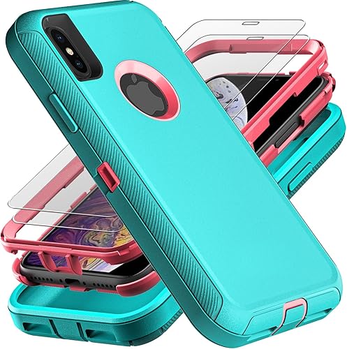 Funda para iPhone Xs Max, grado militar 3 en 1, resistente a los golpes, a prueba de caídas, polvo con 2 protectores de pantalla de vidrio templado