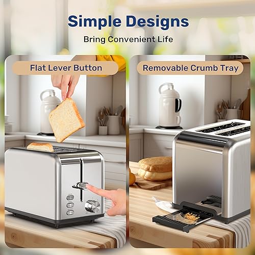 Miniatura 4 de YSSOA Tostadora de 2 rebanadas con 6 ajustes de tostado y 3 funciones, ranura extra ancha y bandeja extraíble para migas, estilo retro de acero