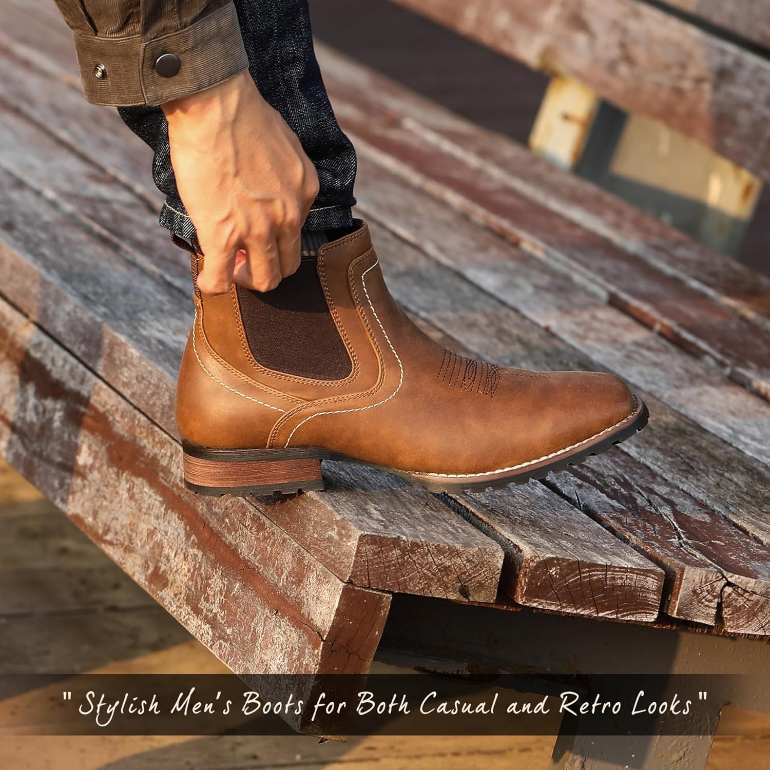 JASONSTAR Cowboy Boots for Men Square Toe Ankle Chelsea Boots Men's Western Short Casual Retro Stylish Boots - Image 6