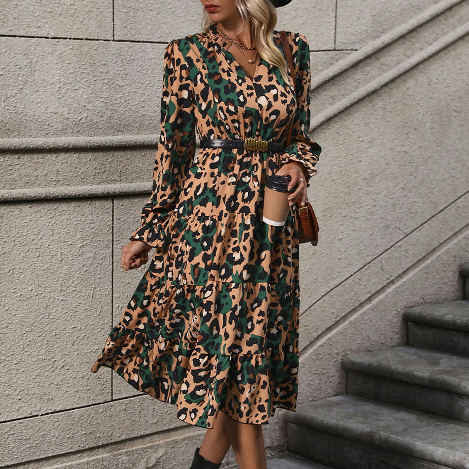 Vestido largo para mujer, cuello en V, estampado de leopardo, ribete con volantes, mangas largas campesinas, vestido casual acampanado, YYEFNMAZ