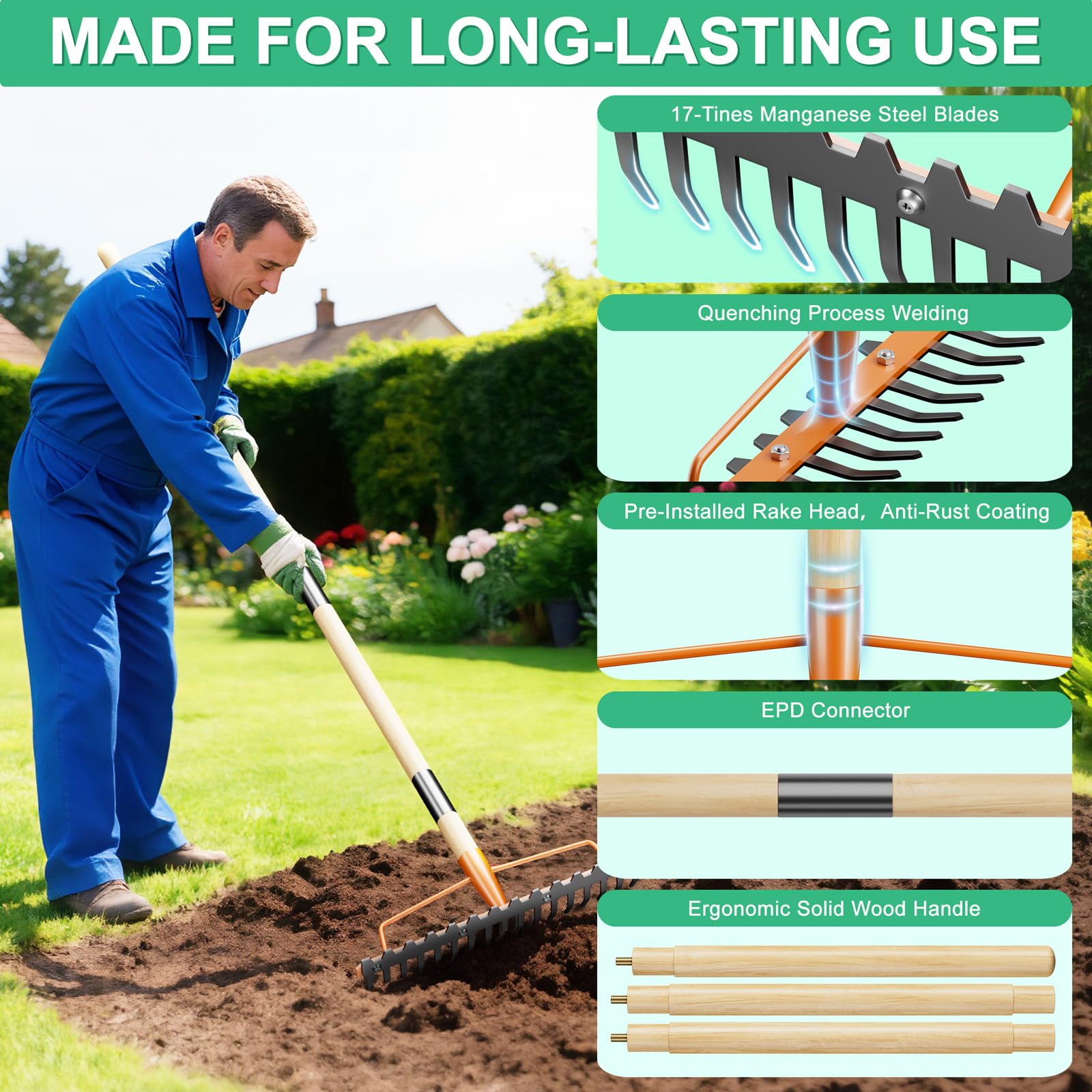 Bogenrechen Heavy Duty 17 Zinken 140 cm Holzgriff Gartenrechen