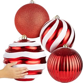 4 Pcs 8'' Extra Large Christmas Ball Ornaments Giant Oversized Plastic Xmas Ball Big Hanging Christmas Tree Ornaments for Xmas Tree Holiday Party Outdoor Decor(Red White)