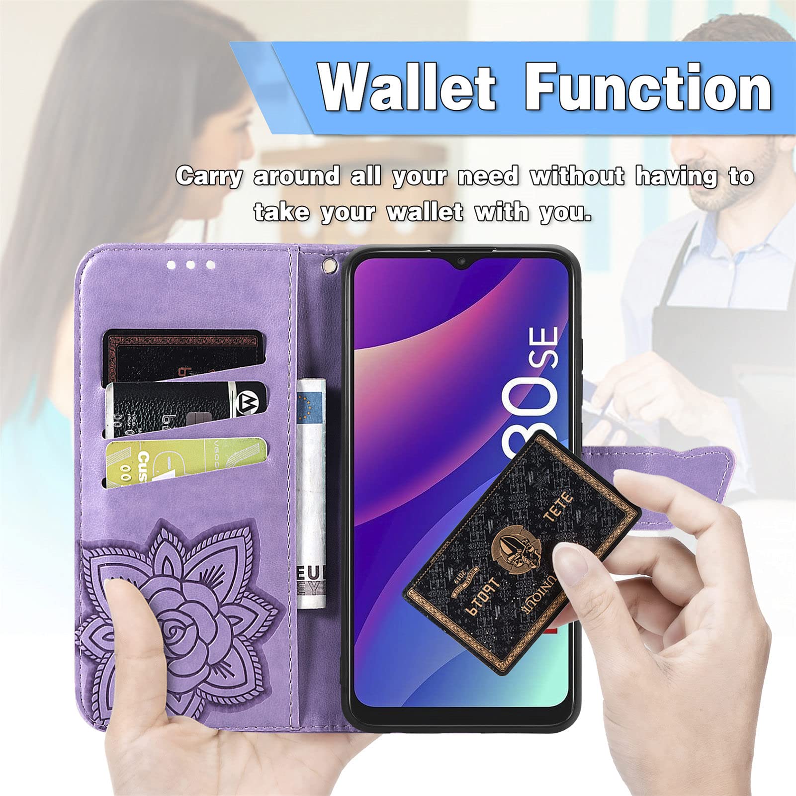 JIUNINE Cover per TCL 30SE / TCL 305 / TCL 306, Custodia Libro in Pelle Portafoglio Case Flip Antiurto con Disegni di Farfalla [Porta Carte] [ Magnetica] [Interno TPU] per TCL 30 SE, Viola