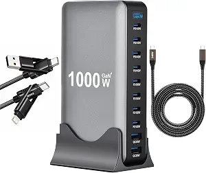 Famous Tech Shop 1000W GaN USB-C Charging Station Bundle, 10-Port Desktop Charger with 2 240W 4-in-1 Cables