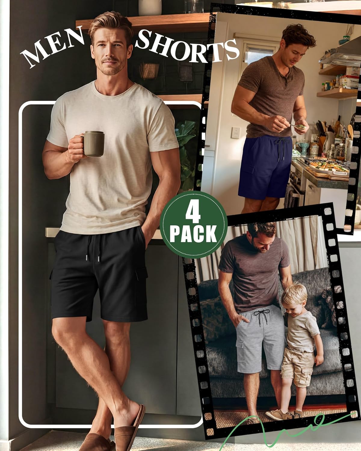 4 Pack Men's Cargo Sweat Shorts Casual Elastic Waist Athletic Drawstring Workout Shorts with Pockets Summer