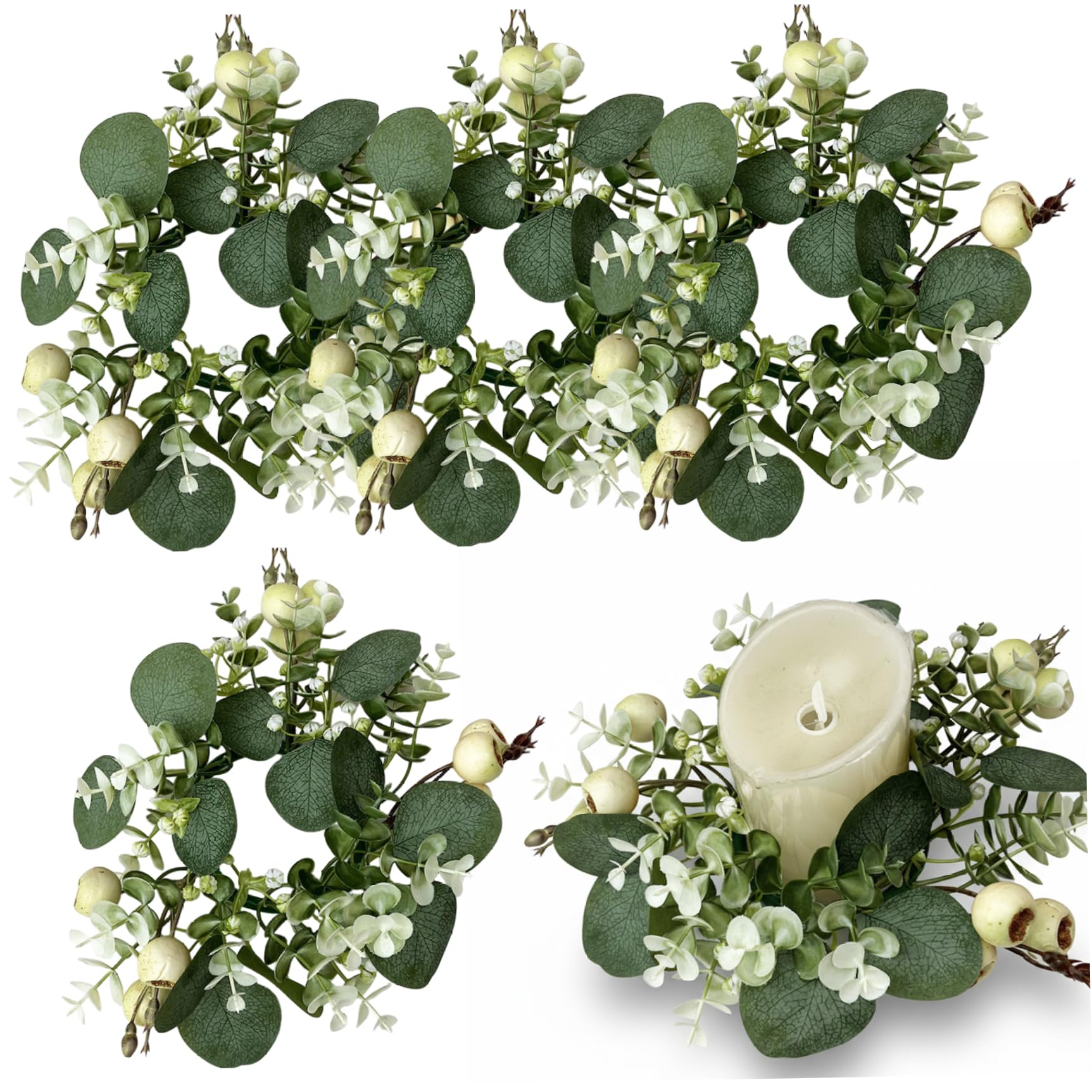 Perodlly 4 Pack Eucalyptus Candle Ring, Artificial Spring Greenery Candle Wreath for Table Centerpiece, 10 Inch Small Eucalyptus Wreath for Easter Wedding Party..