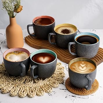 MIAMIO - Stoneware Coffee Mugs Set of 6 (16 oz) - Las Palmitas - Modern