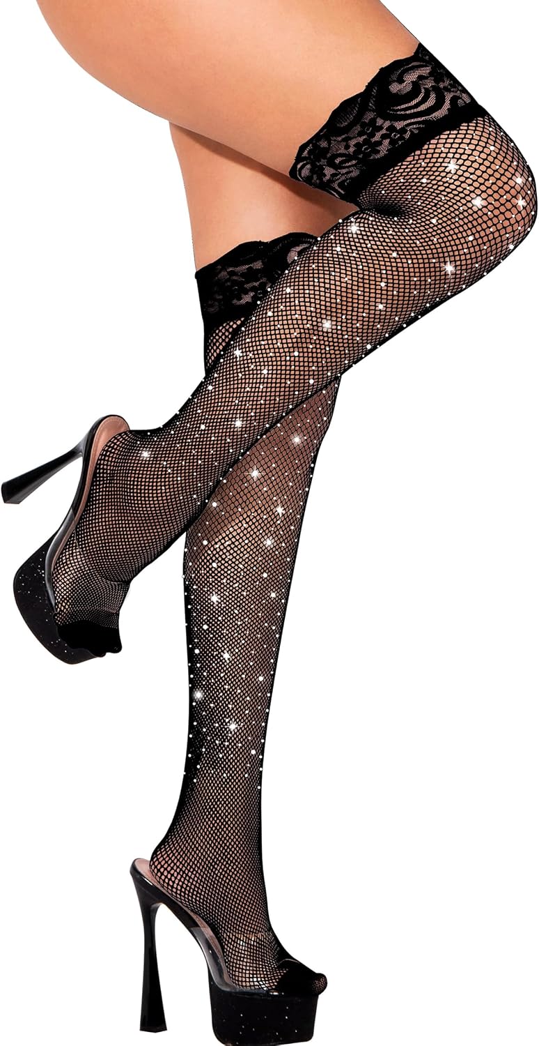 VOAKOW Sparkly Fishnet Thigh High Stockings Silicone Lace Top Thigh High Rhinestone Fishnet Stockings