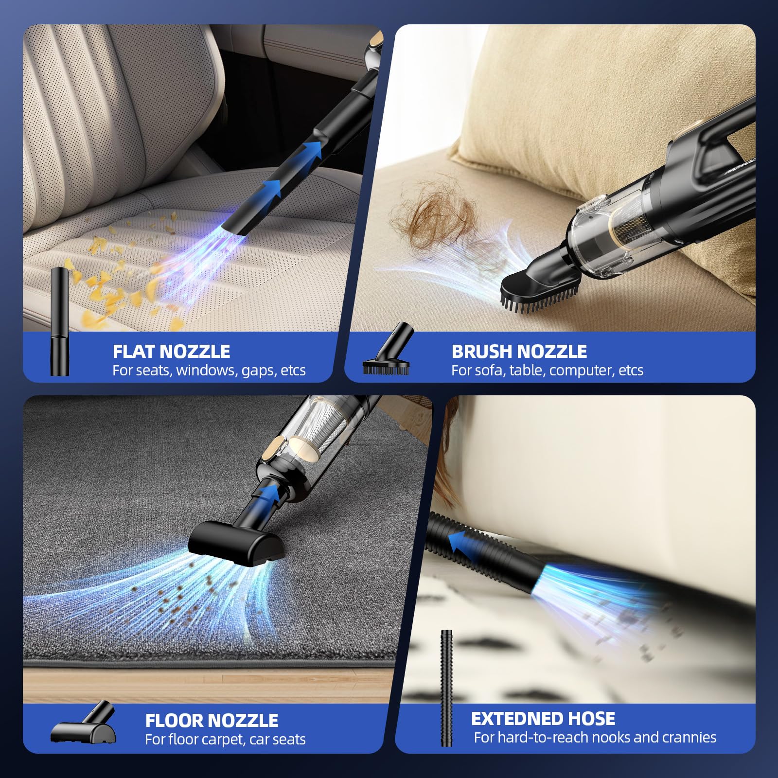 MONOZEL Mini Vacuum Cleaner for Car, 18000Pa 2 in 1 Vacuum Cleaner&Air Duster, 130W Brushless Motor Handheld Vacuum Cordless with 7800mAh Battery, LED Light, Multi-Nozzles for Home, Office, Pet view 4