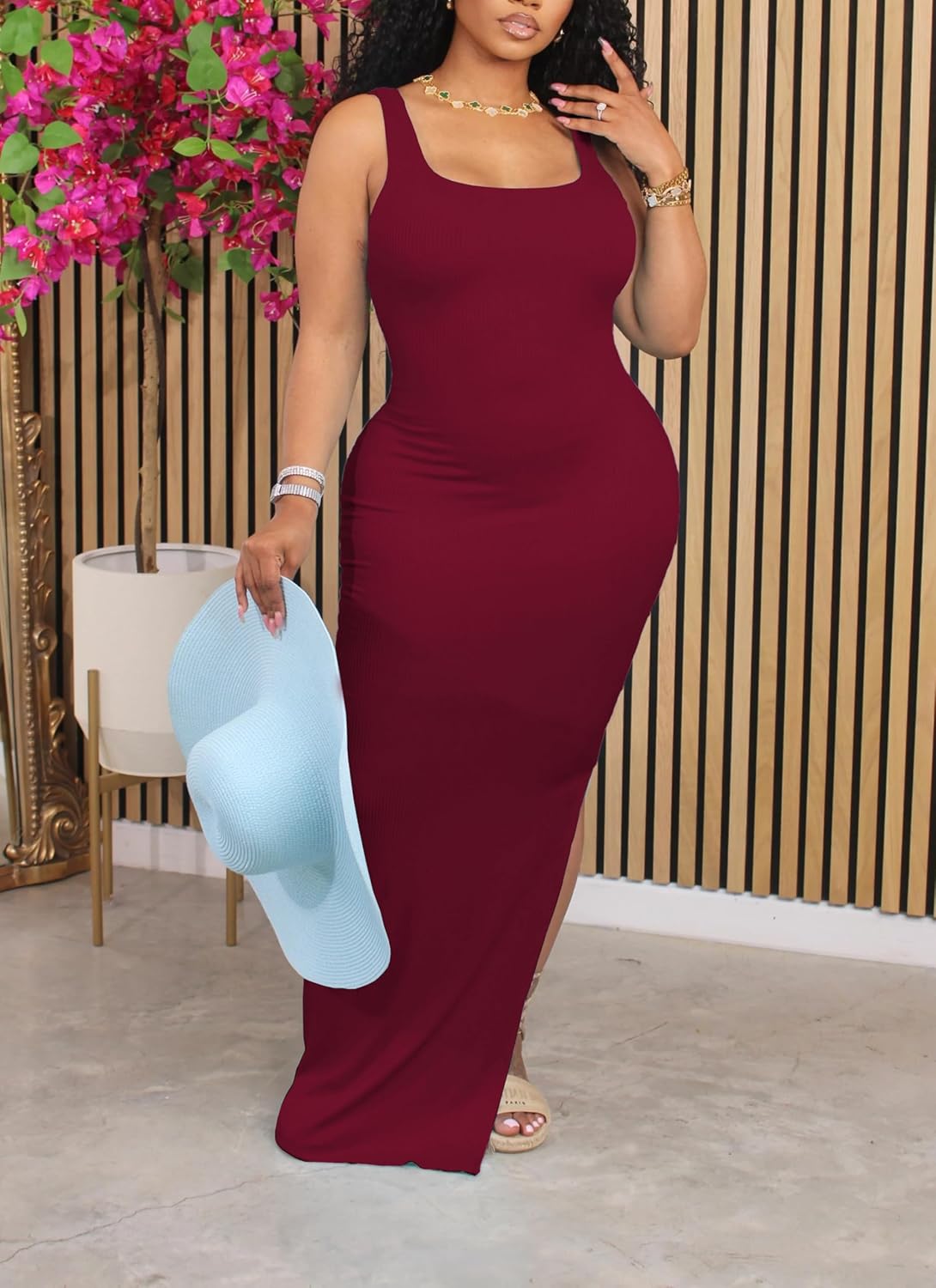 HBQ Women's Summer Bodycon Maxi Dress Sexy Sleeveless Side Slit Tank Party Club Ribbed Long Dress - Image 2