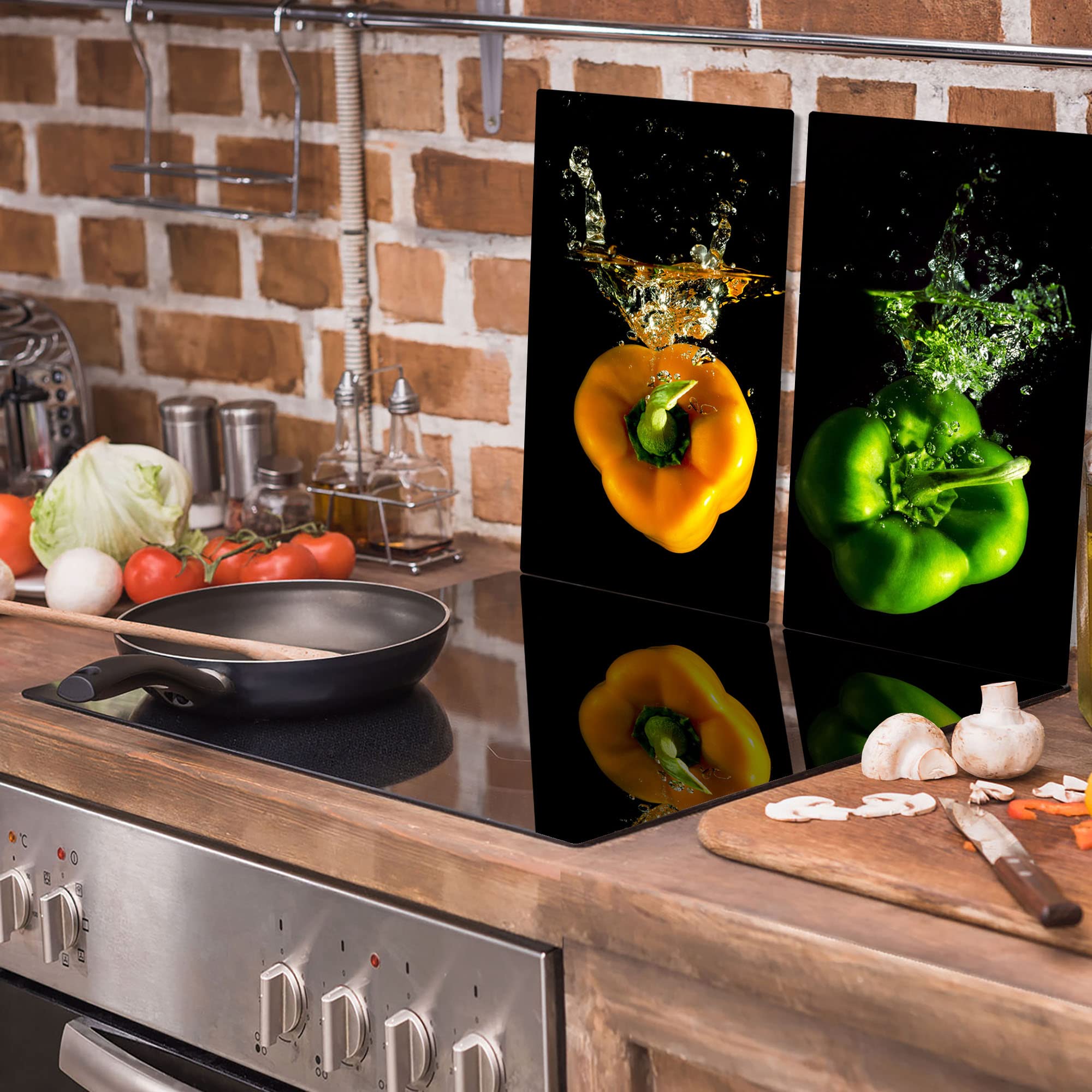 TMK afdekplaten voor fornuis, keramische kookplaat, 2-delig, 40 x 52 cm, afdekking voor keramische kookplaat, elektrisch, inductie, spatbescherming, glasplaat, snijplank, kleurrijke specerijen