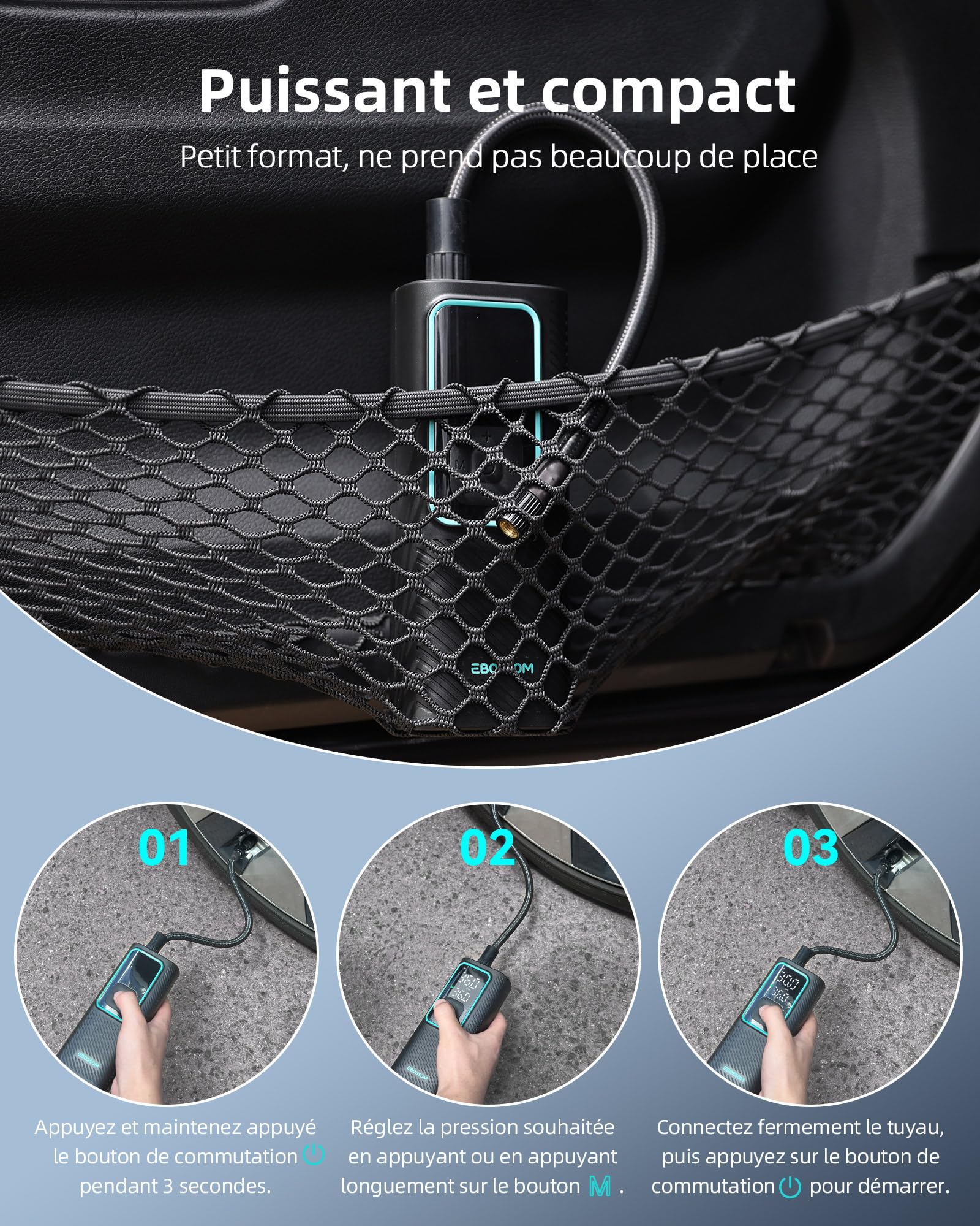 Compresseur À Air Portatif 10,3Bar, Gonfleur Pneus Voiture Mini,Pompe À Velo Électrique Gonflage Rapide,Gonfleur Pneu Sans Fil avec Batterie 6000mAh & 12V DC par allume-cigare,LED et Arrêt Automatique
