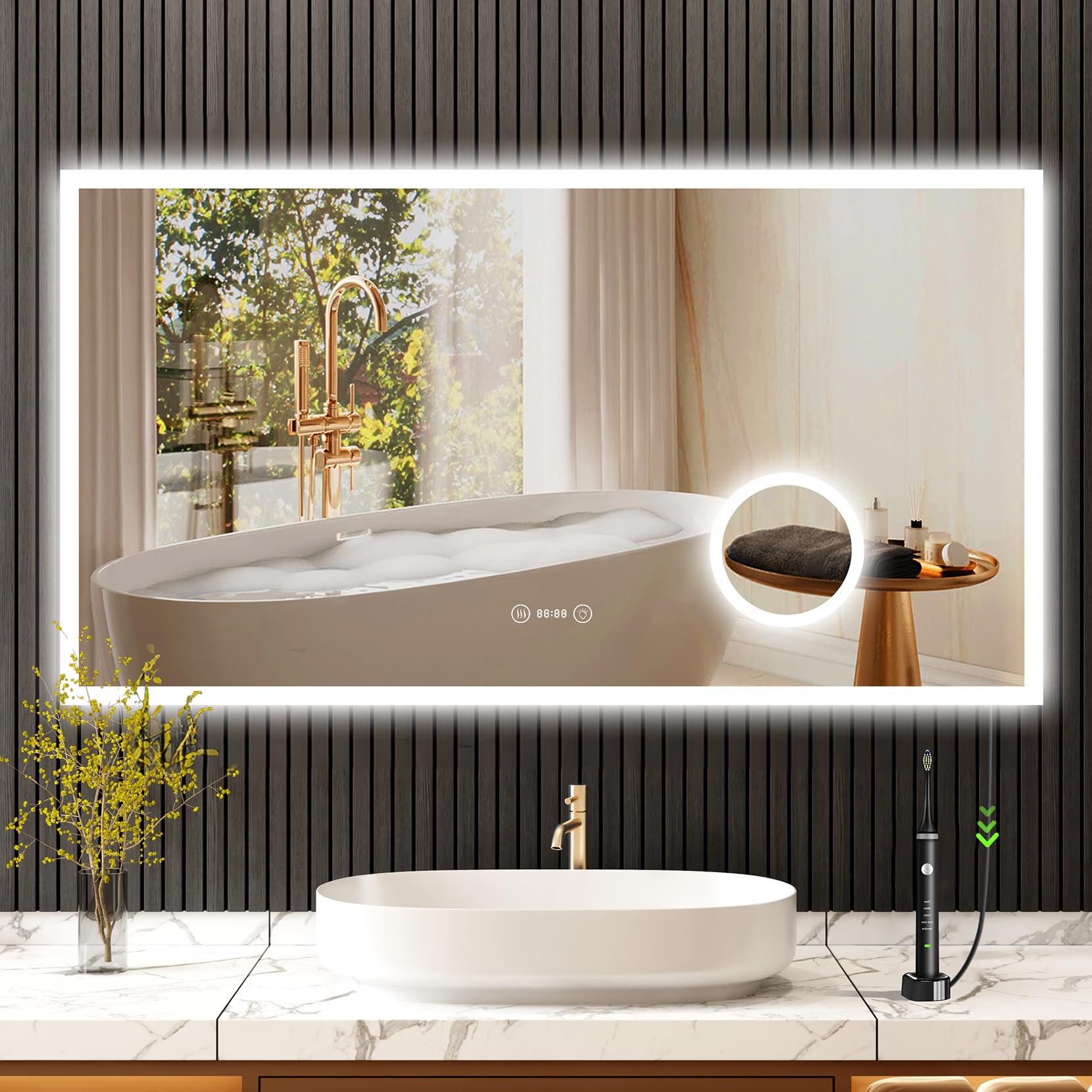 YOLEO Badspiegel mit Beleuchtung, LED Spiegel mit Uhr, Temperatur, 3-Fach Vergrößerung, Wandspiegel mit Steckdose, Badezimmerspiegel LED Beschlagfrei, 3 einstellbare Lichtfarbe, 100x60cm