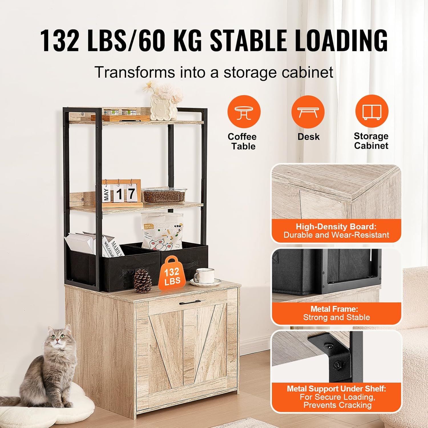 VEVOR Cat Litter Box Enclosure, Hidden Litter Box Furniture with 2 Storage Shelves & 2 Baskets, Wooden Cat Washroom Indoor, Cat House Cabinet Fit Most of Litter Box, 23.6"L x 19.7"W x 50"H, Natural 6