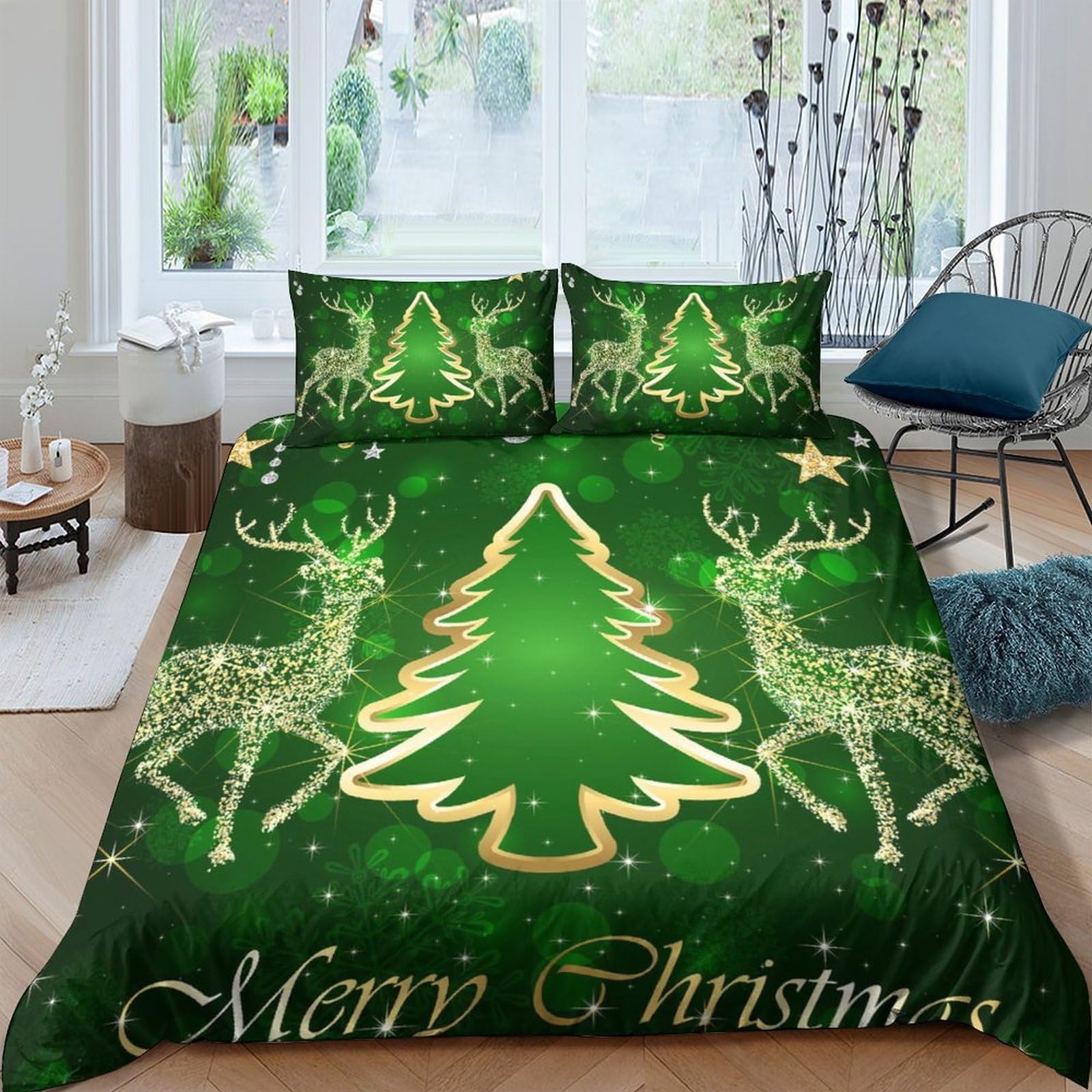 Ctjqhvkz Style-8 3D Printed Christmas Tree Fitted Sheet Microfiber Soft Green Reindeer Bed Cover For Bedroom Guest Room Decor Single（135X200cm）