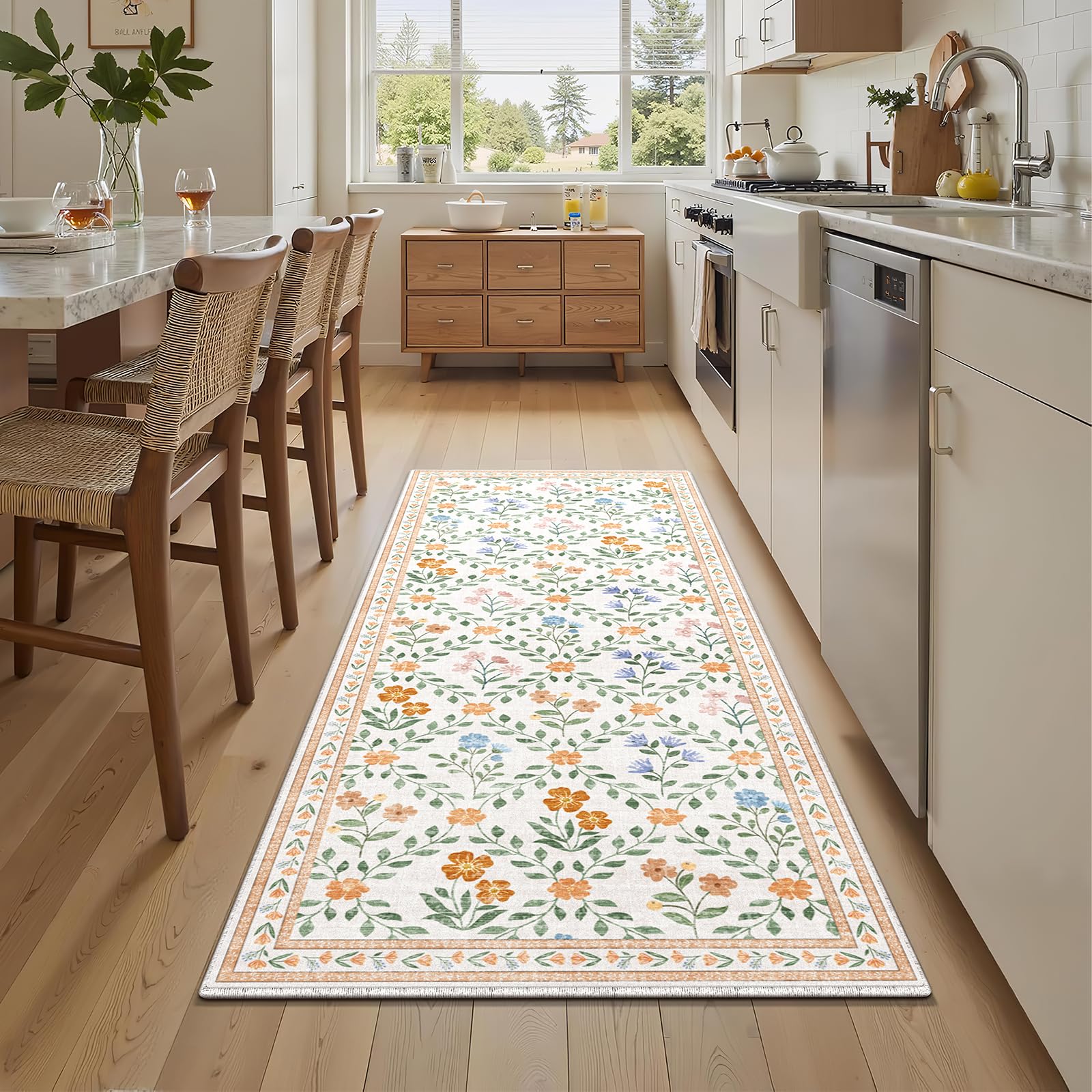 XSIVOD Floral Runner Rugs for Hallway, Washable Rugs for Entryway Kitchen Runner, Soft Vintage Area Rugs for Bedroom Living Room Rug, Non Slip Floor Carpet for Home Deocor, 60x180 cm, Beige/Lattice — image 1