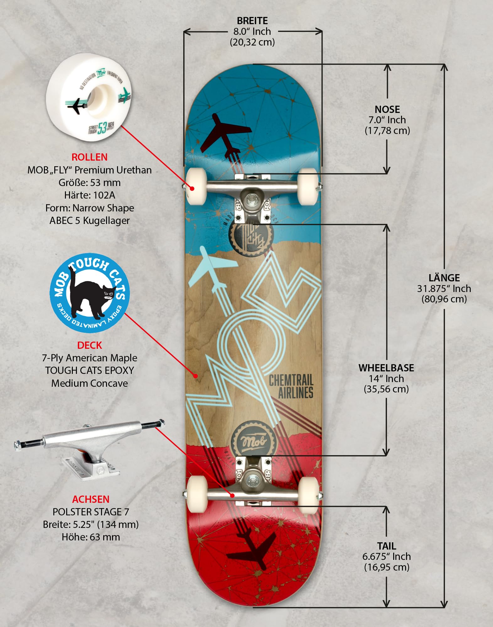 Mob Skateboards Airlines 8.0 - Komplettboard 31 x 8 Zoll - Holzbrett aus 7 Schichten Ahornholz - fertig montiert - Skateboard für Jugendliche, Erwachsene, Anfänger und Profis