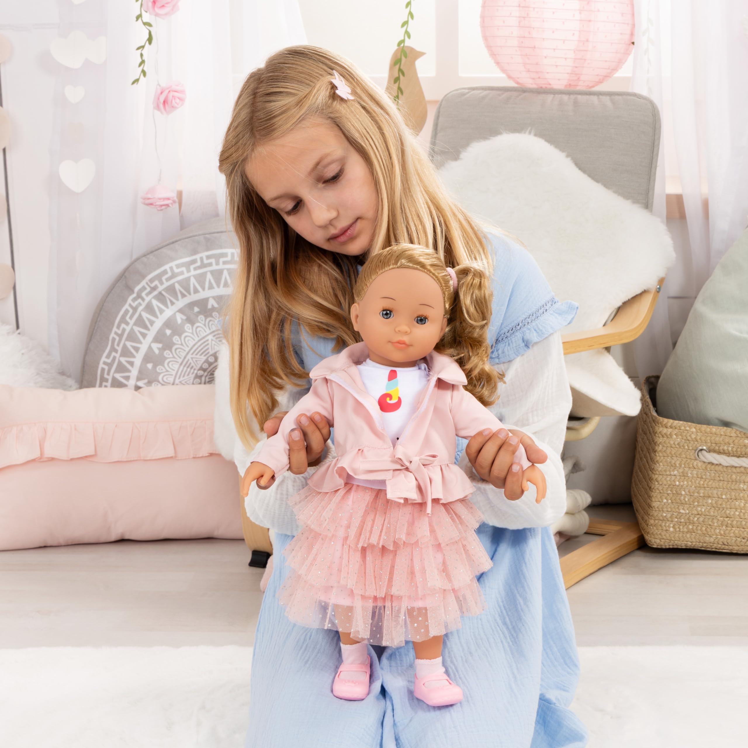 Bayer Design 94637AN Charlene Puppe interaktiv mit Haaren, sprechend, Funktionspupe, weicher Körper, Schlafaugen, Zubehör, 46 cm, Rosa