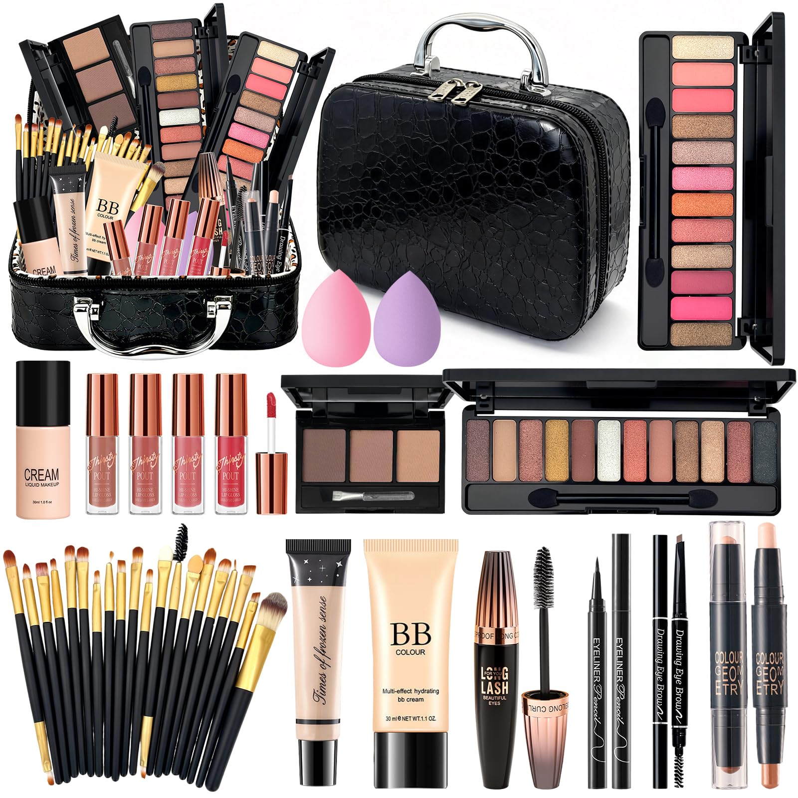 Kit Maquillaje Mujer Profesional Completo, Set de Maquillaje Adolescente Chica con Bolsa Maquillaje Viaje, Estuche Maquillaje Regalo con Paleta Sombras Ojos BB Cream Rímel Gloss Labios Base Maquillaje