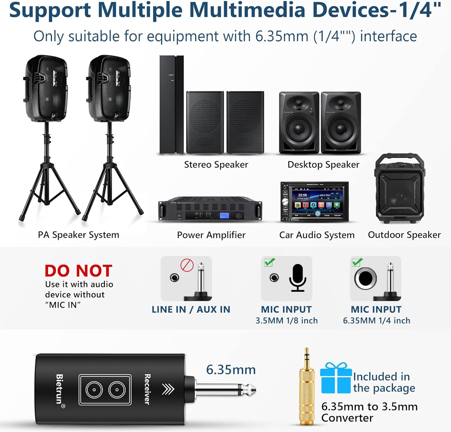 Bietrun Wireless Microphones with Echo,Treble,Bass&Bluetooth,160FT Range,Portable UHF Handheld Karaoke Dynamic Microphone System with Rechargeable Receiver for Karaoke,Singing,Amp,PA System,DJ,Stage - Image 5