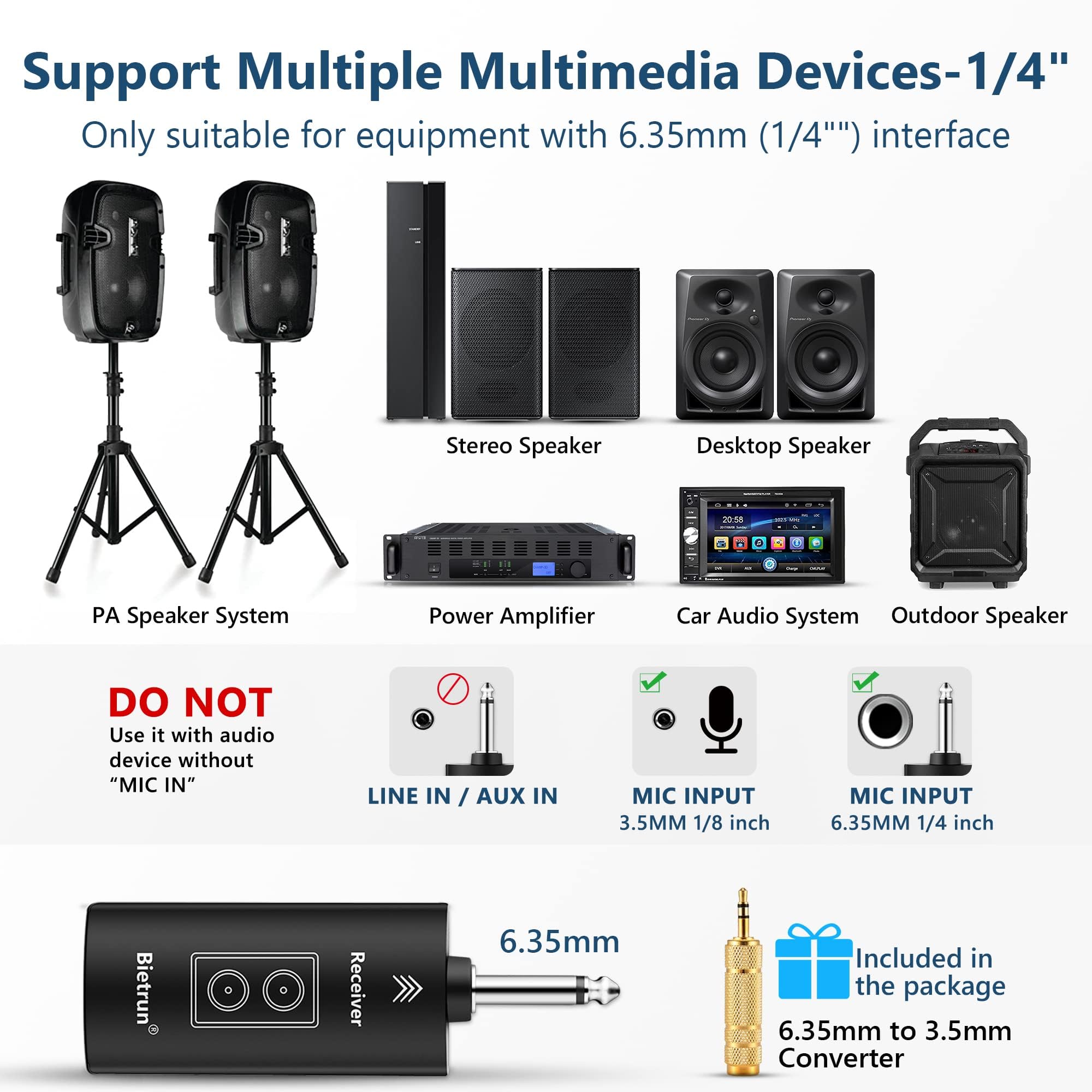 Microfoni senza fili Bietrun con eco, acuto, basso e Bluetooth, portata di 160 piedi, sistema microfonico dinamico portatile UHF con ricevitore ricaricabile per karaoke, canto, amplificatore, sistema