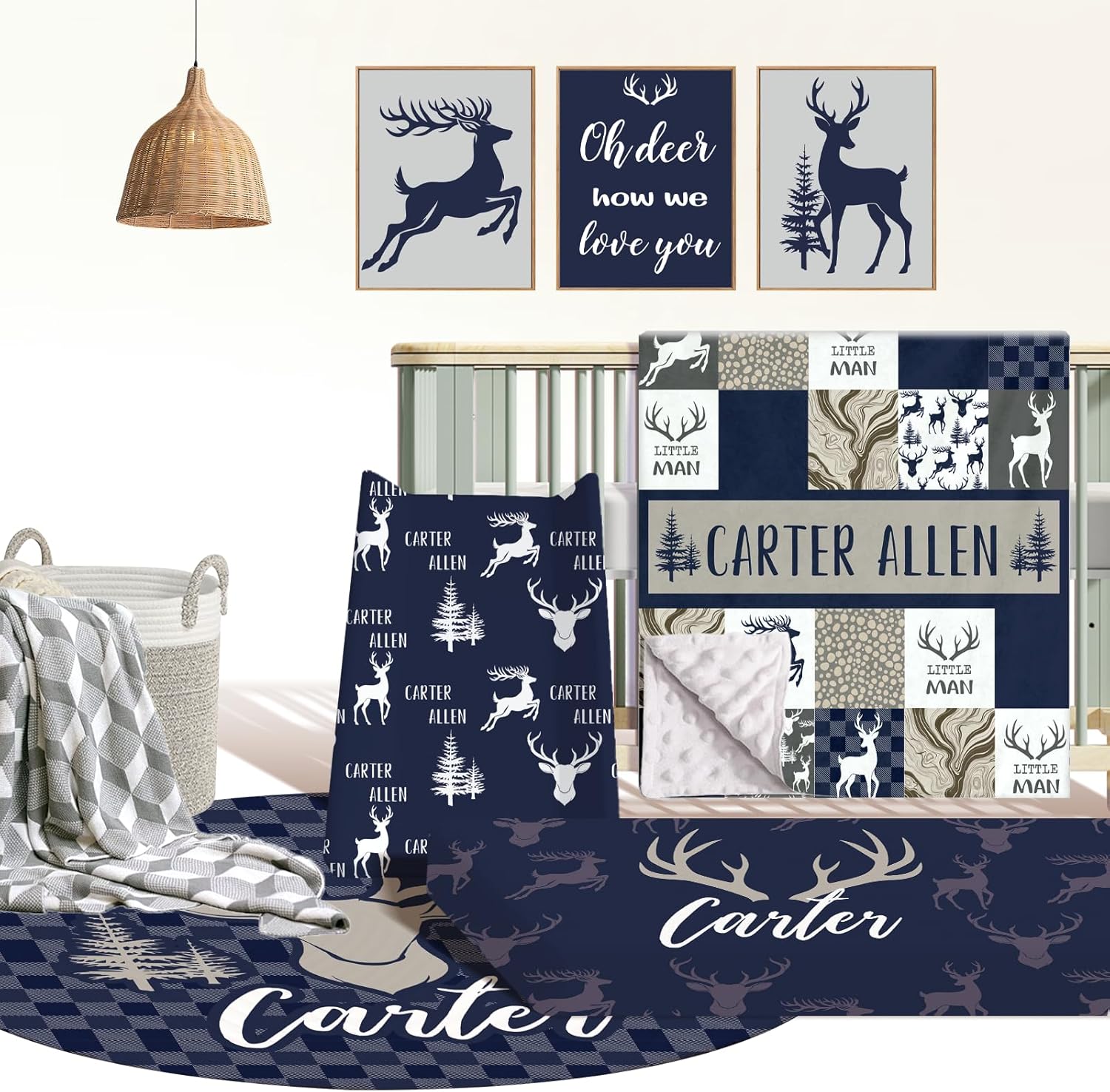 Personalized Baby Crib Bedding Set, Custom Name Nursery Bedding, Christmas Deer 5 Pcs Baby Bedding Set for Girl Boy, Double Layer Crib Set, Customized Gifts