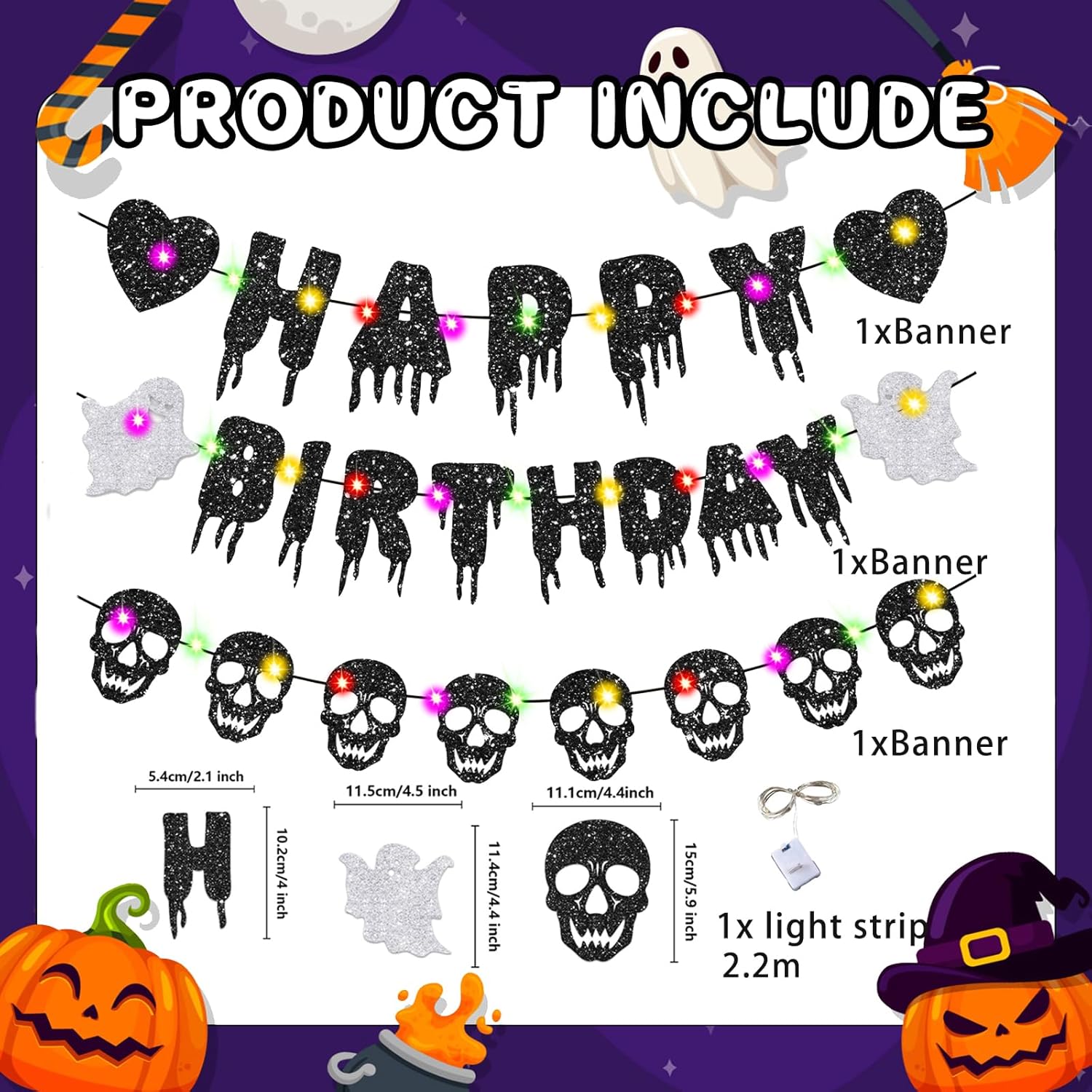 Condition photo showing New/Like New for Halloween Happy Birthday Banner Lighted Halloween Birthday Banner for Spooky Birthday Party Decorations, Glitter Skull Sign Garland with Heart for Party Decor Baby Shower Supplies