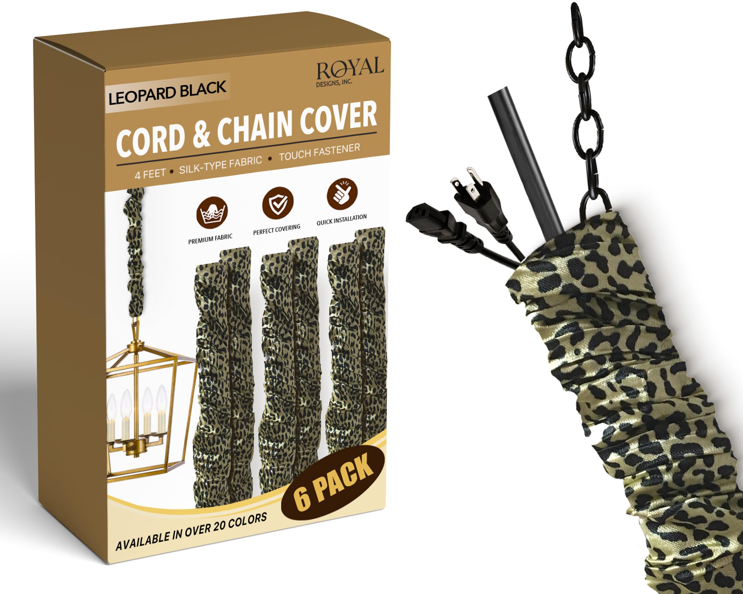 Royal Designs, Inc. Cord &amp; Chain Cover 4 ft Silk Type Fabric, Chandelier Pendant Lighting Chain &amp; Cable Management, Touch Fastener, Leopard Black - 6 Pack