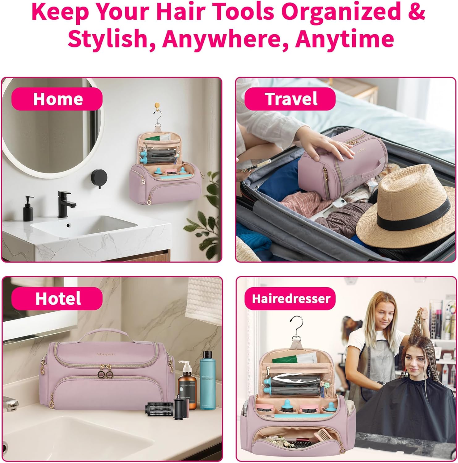 Large Travel Case Compatible with Dyson Airwrap Styler Attachments, Waterproof Portable Travel Storage Bag for Hair Curler Accessories, Metal Hanging Hook, Thick-Wall Protection, Pink