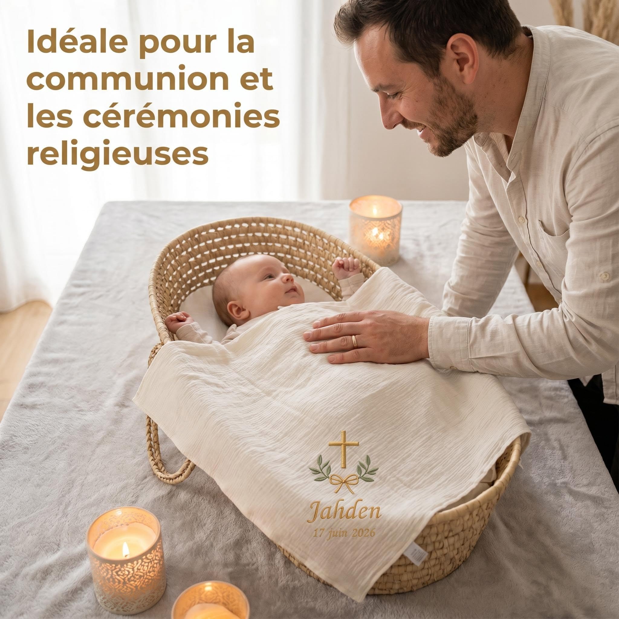 XIAOMA Couverture de Baptême Bébé Personnalisée – Coton Gaze Doux, Broderie Élégante, Style Français – Coffret Cadeau, Personnalisation 48H, Multi-Usage