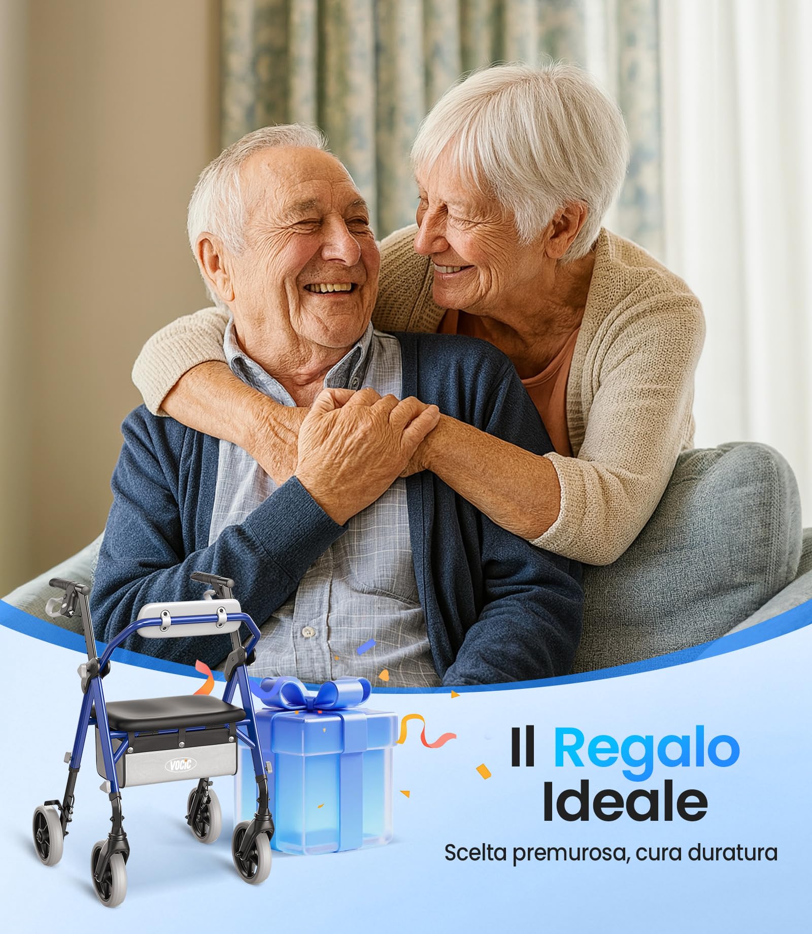 VOCIC Deambulatore pieghevole e leggero con seduta, 6,3 kg ultraleggero | Deambulatore per anziani, max 150 kg, sedile ergonomico, altezza regolabile, walker stretto per casa & viaggi, blu